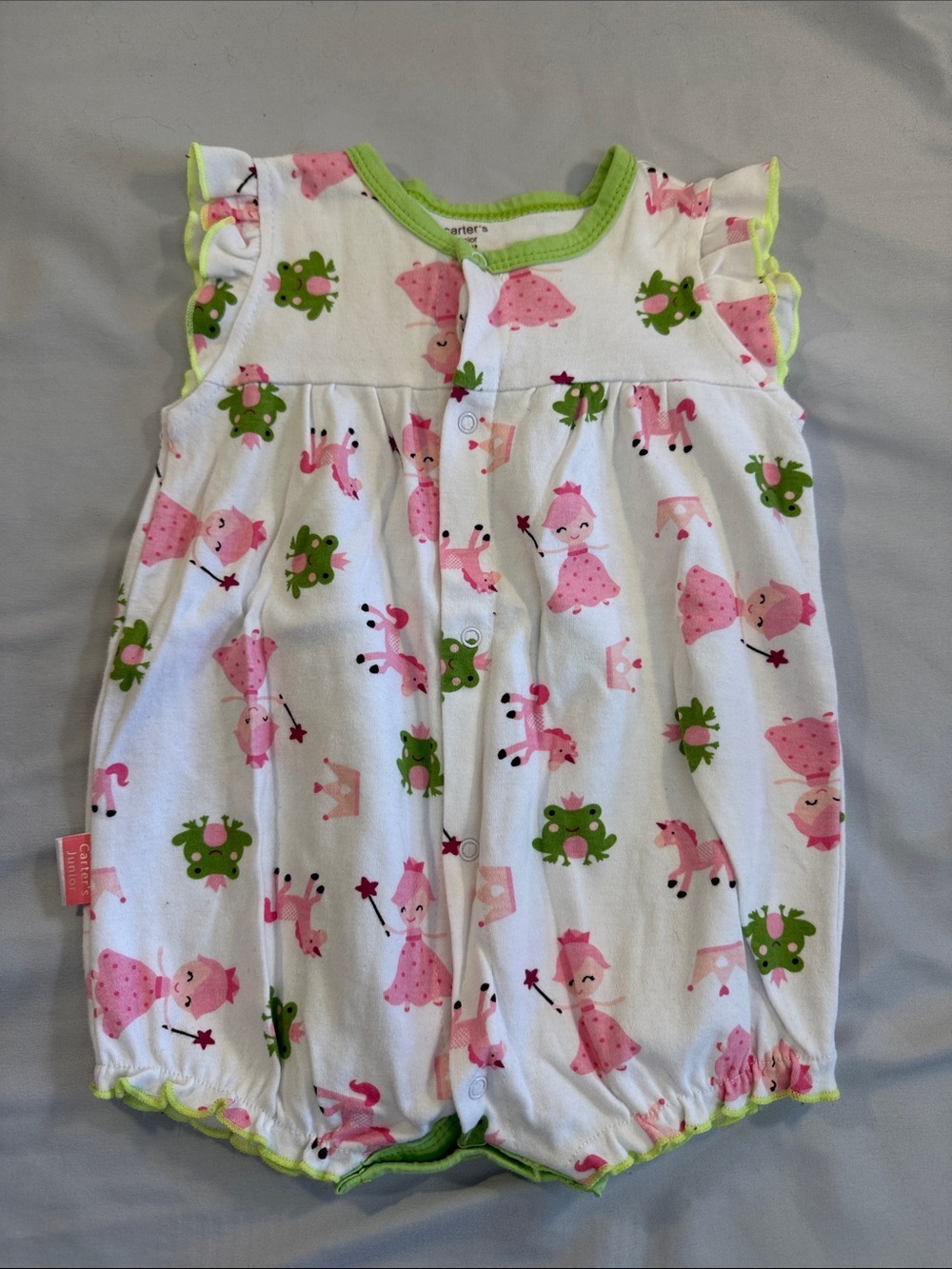 Carter's NWOT White Romper with Pink Princesses and Green Frogs